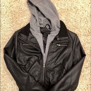 Leather Jacket with Grey Hood